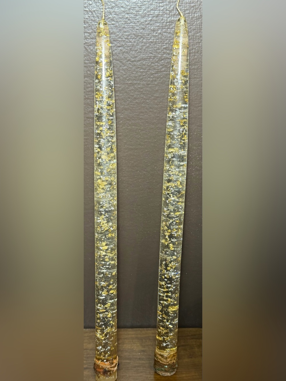 GOLD SILVER FLECK 2 TAPER CANDLE SET 12" CLEAR ACRYLIC LUCITE MODERN MID CENTURY
